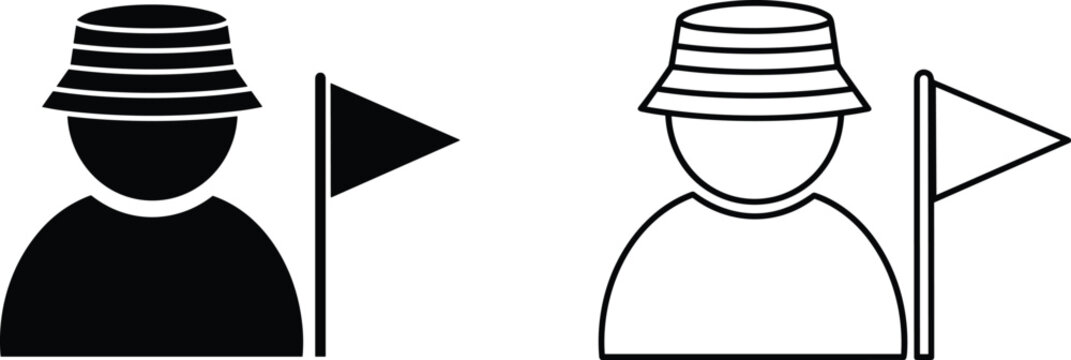 Tour Guide and Traveler Icon Set Featuring Person in Bucket Hat with Signal Flag in Silhouette and Outline Styles for Tourism, Sightseeing, and Vacation Travel Agency Designs