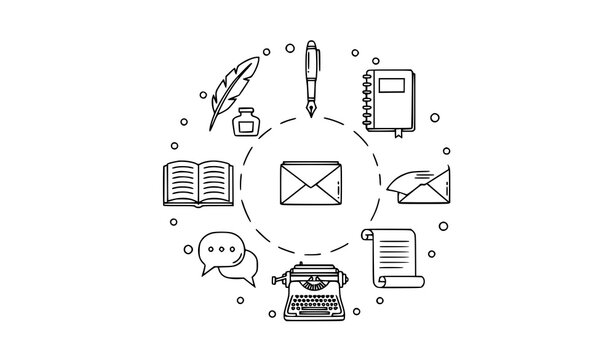 Outline writing and communication icons with quill notebook typewriter and message symbols in circle layout