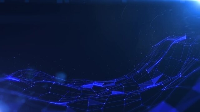 Technology digital blue low poly line landscape and particle floating in dark space background