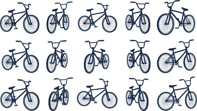 Vector Illustration of Various BMX Bikes in Different Poses, Ideal for Sports, Cycling, and Urban Lifestyle Designs