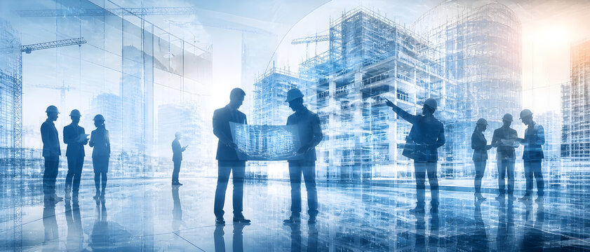 Digital Construction Site Planning &ndash; Engineers with Building Blueprint, BIM Model and Smart Architecture