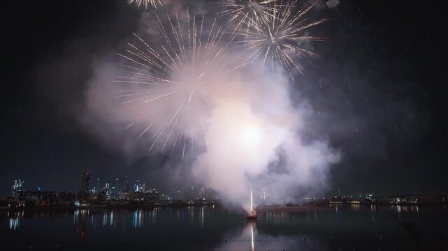 Brilliant golden and white fireworks burst across dark night sky above Dubai waterfront. City skyline glitters with colorful lights reflecting on calm water as pyrotechnic explosions illuminate scene.