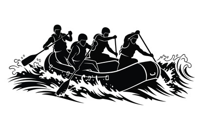 rafting team silhouette with oars navigating turbulent water black and white vector illustration on transparent background high quality professional detailed modern elegant stylish clean © ARSM D