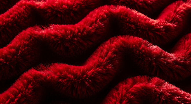 Closeup of rich red plush faux fur texture with soft wavy folds elegant furry fabric background for luxury fashion Christmas decoration and warm textile design