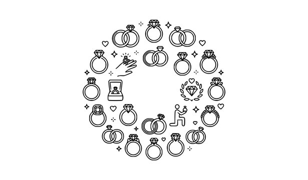 Wedding and engagement ring outline icon set diamond jewelry symbols editable stroke vector EPS10