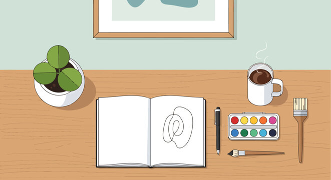 Open book with simple drawing inside.