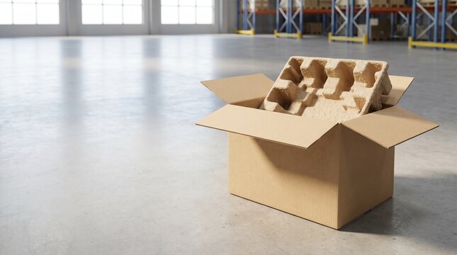 Eco-Friendly Cardboard Box with Molded Pulp Protective Packaging in a Modern Warehouse, Conceptual Image for International Plastic Free Day, Sustainable Logistics, and Plastic-Free Shipping Solutions