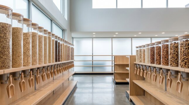 Modern Zero Waste Bulk Store Interior with Glass Dispensers for Grains, Nuts, and Seeds, Conceptual Image for International Plastic Free Day, Sustainable Shopping, and Eco-Friendly Retail Environment