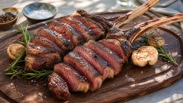 grilled rib  steak with herbs and mushrooms on wooden board outdoor dining