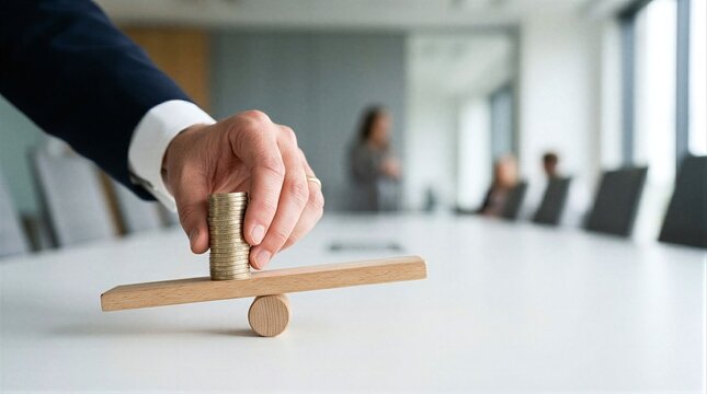 A hand holding a stack of gold coins on top of a wooden block.