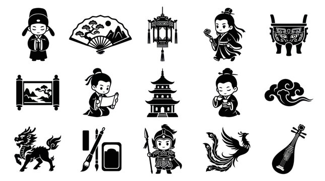 Traditional Chinese Culture Black  White Glyph Vector Icons Set with Asian Historical Figures, Mythology, Art  Architecture Elements.