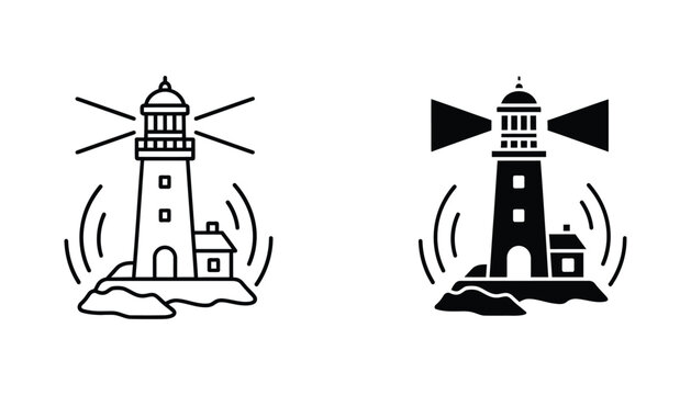 Stylized lighthouse icon set with beam light and coastal landscape elements in line art and solid black styles for maritime navigation and nautical theme design projects
