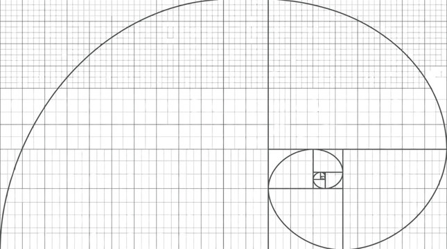 Abstract illustration of the golden spiral, demonstrating natural growth patterns and universal design principles on a precise grid background