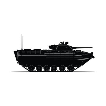 Amphibious armored fighting vehicle with turret and tracks silhouette vector illustration.