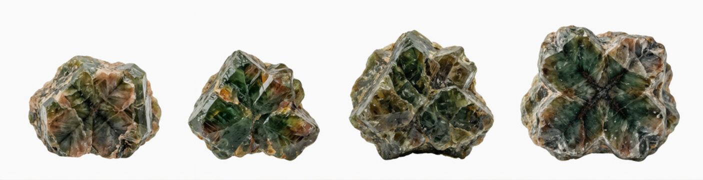 Collection of rough Green Andalusite gemstones isolated on white background