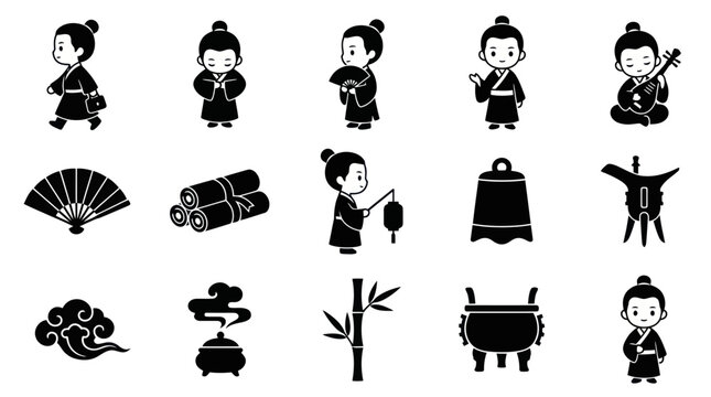 Traditional Chinese Culture Chibi Characters and Ancient Artifacts Black White Glyph Icons Set depicting Asian history and heritage