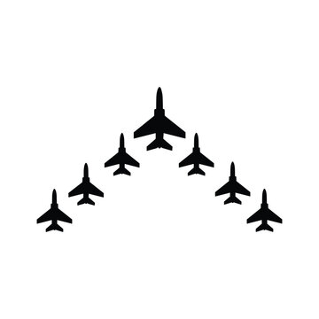 V formation military fighter jet squadron silhouette illustration vector line art design.