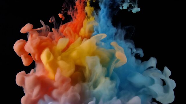 Swirling cloud of red, yellow, blue paint on a black background