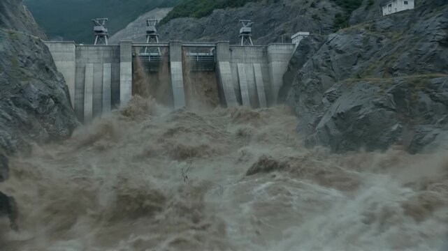 Massive dam failure releases powerful torrents of water destroying concrete structures, illustrating catastrophic infrastructure collapse and extreme hydrological force.