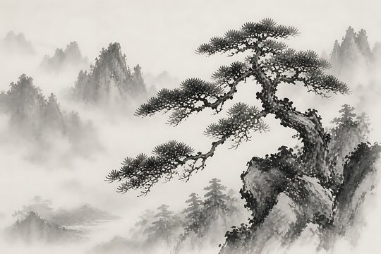 chinese style ink painting, a pine tree growing on the top of mountains