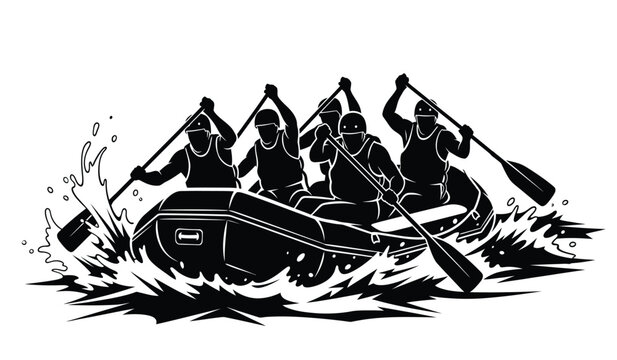 rafting team silhouette with oars and water splashes black and white vector illustration on a transparent background high quality professional detailed modern elegant stylish