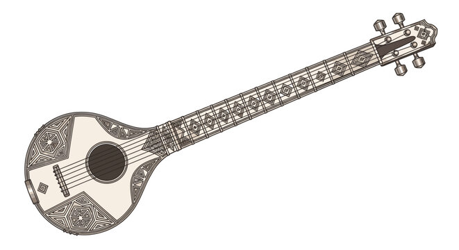 Vintage engraving of a traditional Indian stringed musical instrument, possibly a sitar or tanpura, with intricate decorative patterns. Antique illustration of an oriental lute.