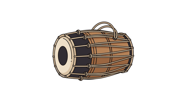 Traditional Indian Dholak drum illustration. Hand-drawn percussion instrument for folk music, festivals, and cultural celebrations.