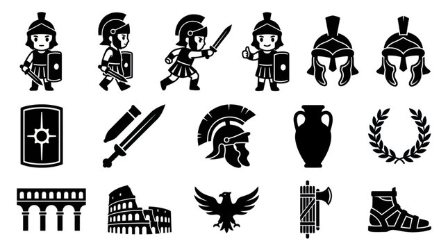 Ancient Rome Glyph Vector Icons Set. Black and White Roman Empire Historical Symbols with Soldiers, Colosseum, Helmets, and Cultural Elements.