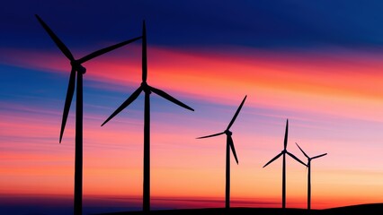 Fototapeta premium Wind turbines silhouetted against a spectacular sunset sky, symbolizing clean energy and sustainable future.