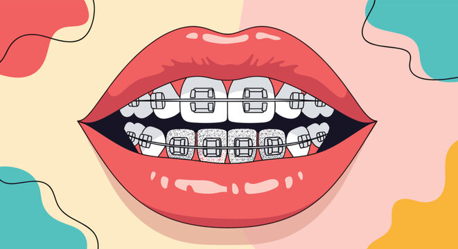 Close-up illustration of a smiling mouth showing white teeth with dental braces and wires on a colorful background.