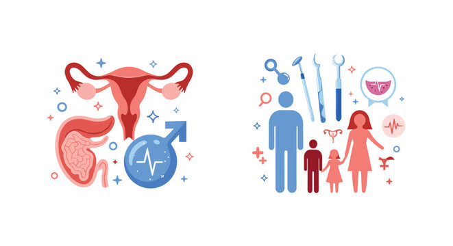 Infographic icons representing human reproductive systems and family healthcare including organs, medical tools, and a family silhouette.