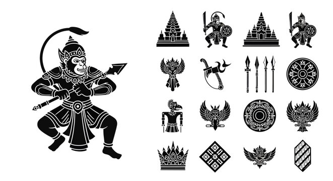 Mythical Hanoman Warrior Icon Collection With Ancient Temple And Royal Symbols