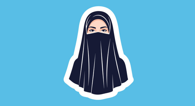 Minimalist vector portrait of a woman wearing a black niqab against a bright blue background with a white border.