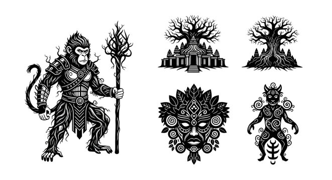 Hanuman Temple Mythology Icon Collection Sacred Heritage Vector Set