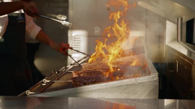 Professional chef in white uniform and black apron grills thick premium steaks on commercial open flame grill in restaurant kitchen, dramatic orange flames rising as meat sears on hot metal grates.