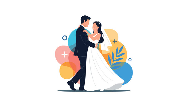 Elegant wedding couple dances together in a tuxedo and white gown against a backdrop of colorful abstract organic shapes.