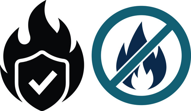 Fire resistant and no fire warning safety icons set