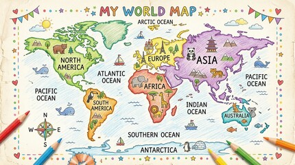Illustrated World Map for Children with Continents Labeled and Colorful Borders - Educational and Engaging © Waqf