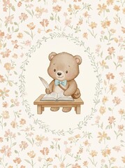 Fototapeta premium Watercolor woodland nursery art bundle. Cute bear, fox, mouse reading books with floral frames. Baby shower decor and kids prints.