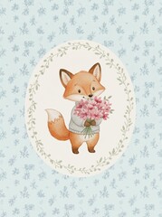 Obraz premium Watercolor woodland nursery animals art bundle. Cute fox, goose, deer, and bunny with floral and plaid backgrounds. Baby room wall decor prints. PNG elements.