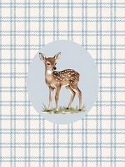 Fototapeta premium Watercolor woodland nursery animals art bundle. Cute fox, goose, deer, and bunny with floral and plaid backgrounds. Baby room wall decor prints. PNG elements.