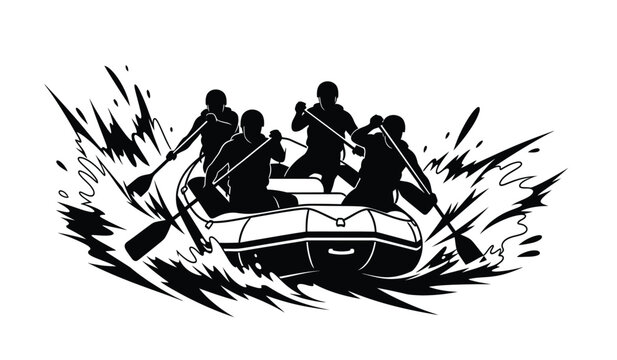 rafting team silhouette with paddles and water splashes dynamic black and white illustration on a transparent background high quality professional detailed modern elegant stylish