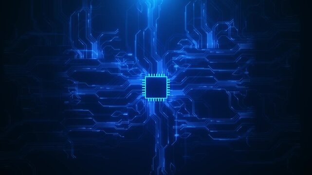 Blue microchip circuit technology background glows processor paths, electric lines digital depth AI videos, software promos, hardware visuals, data presentations, cyber intros, futuristic tech screens