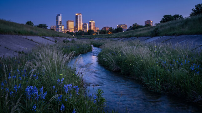 Twilight blue hour over a rewilded urban corridor where a former concrete drainage channel has been replaced by a winding native plant strea 2