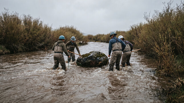 River restoration workers in waders standing mid-current in a shallow mountain river, guiding a large boulder into position to redirect flow 2