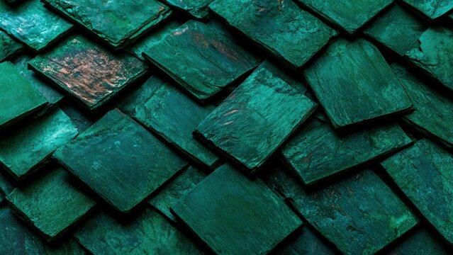 Intricate pattern of aged metal shingles with stunning verdigris patina and rustic charm