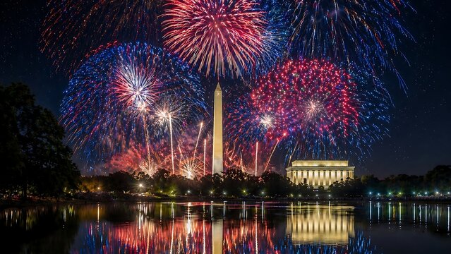 Fireworks display over Washington Monument and Lincoln Memorial on 4th of July celebration in Washington D.C. usa 250 years