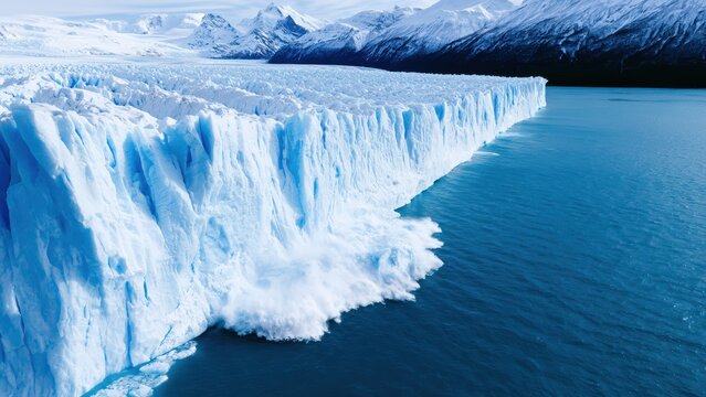 Massive glacier calving into pristine blue water surrounded by majestic snow capped mountains under a clear sky