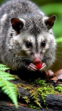 Close up of a small mammal foraging in a lush green environment