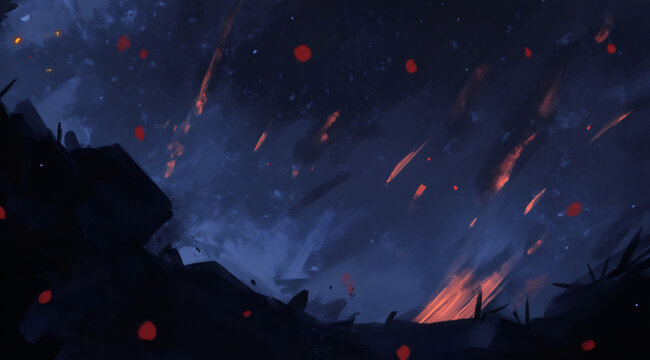 Digital painting of a chaotic battlefield at night. Fiery meteors fall from a dark sky during an apocalyptic war. Abstract fantasy background of destruction and conflict